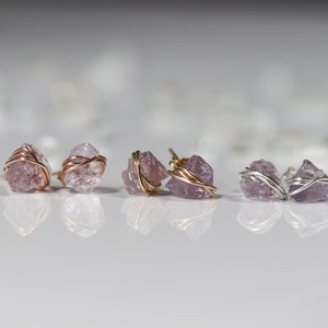 Raw Pink Amethyst Stud Earrings, Minimalist Earrings, Pink Crystal Earrings, February Birthstone, Birthday Gift, Sterling Silver, 14k Gold F image 5