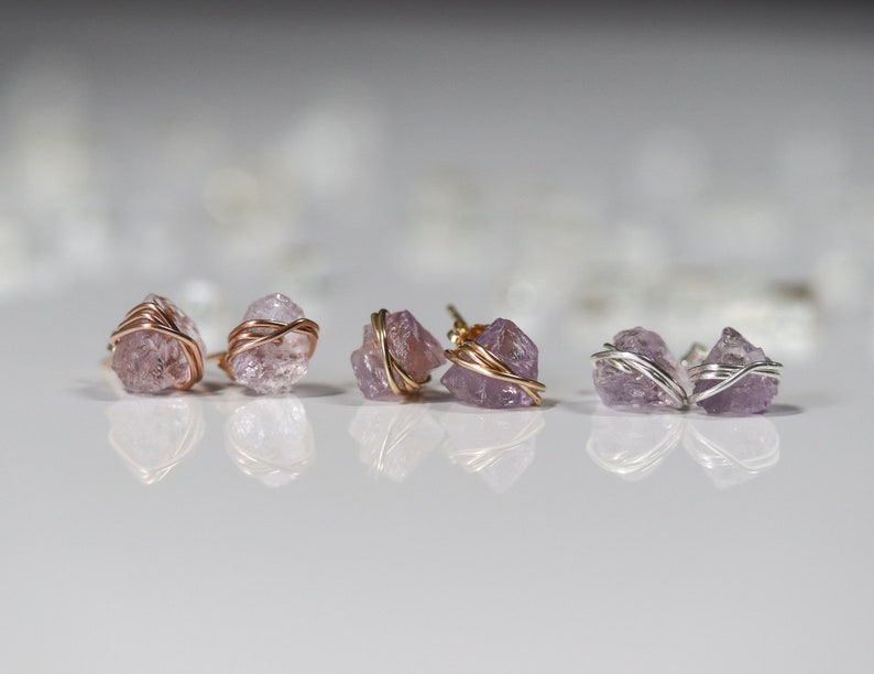 Raw Pink Amethyst Stud Earrings, Minimalist Earrings, Pink Crystal Earrings, February Birthstone, Birthday Gift, Sterling Silver, 14k Gold F zdjęcie 5