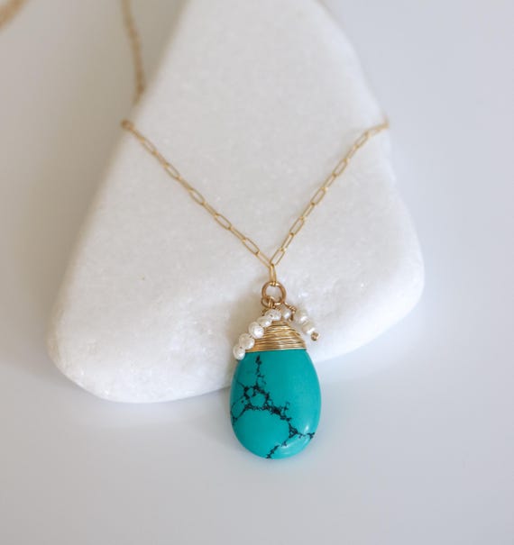 Turquoise Pendant Necklace, Gold Paper Clip Chain, Pearl Charm, Natural Turquoise, Gift For Her, Dainty Necklace