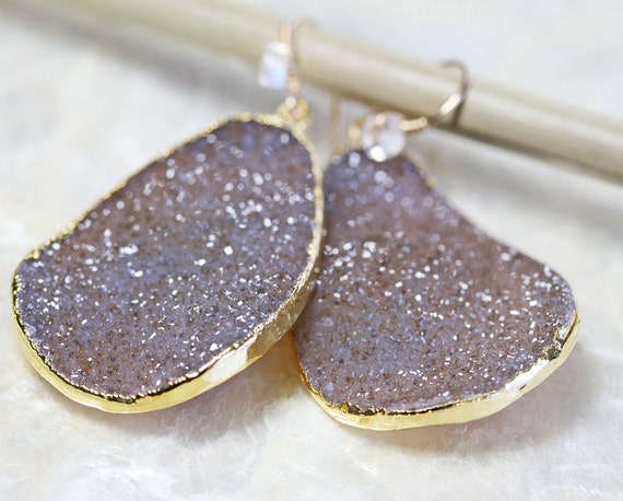 Large Natural Druzy Earrings with Moonstone Accents, Gold Edged Druzy Earrings, Druzy Statement Earrings
