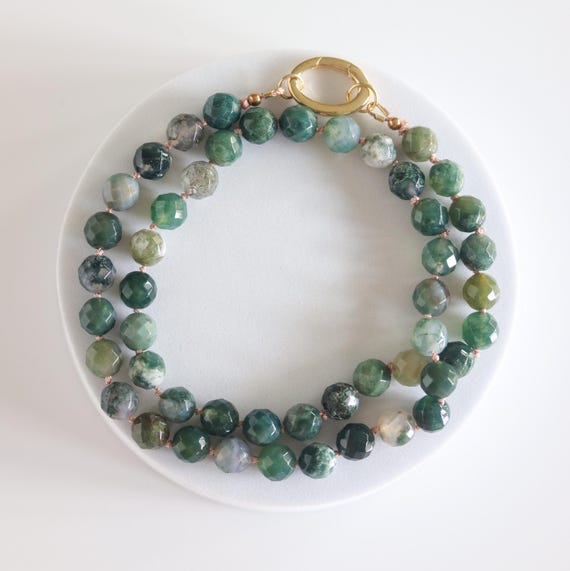 Moss Agate Beaded Necklace, Green Gemstone Jewelry, Charm Holder Clasp, Hand Knotted Necklace, 14k Gold Filled, Gift for Her