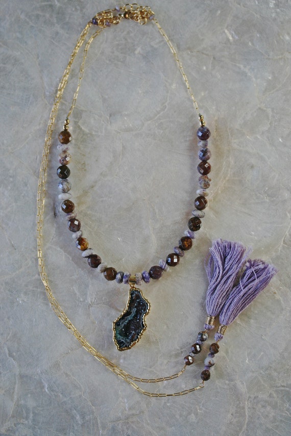 Gemstone Wrap Necklace with Druzy and Tassels