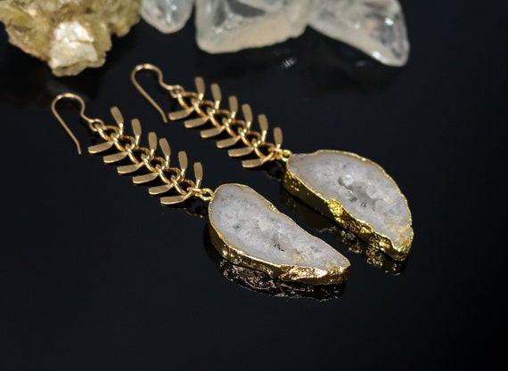 White Agate Geode Slice Dangle Earrings, Long Gold Chain Earrings, White Crystal Earrings, Statement Earrings