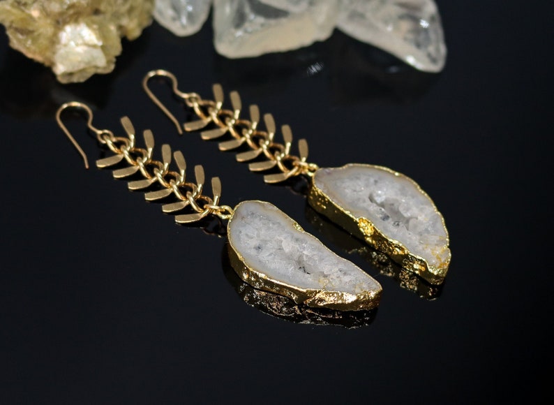 White Agate Geode Slice Dangle Earrings, Long Gold Chain Earrings, White Crystal Earrings, Statement Earrings image 1