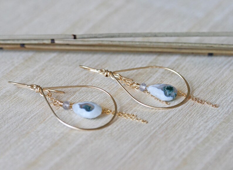 Peacock Solar Quartz Earrings Hoop Earrings with White Stone Hoop Earrings Solar Quartz Earrings Quartz Earrings Stone Hoop Earrings