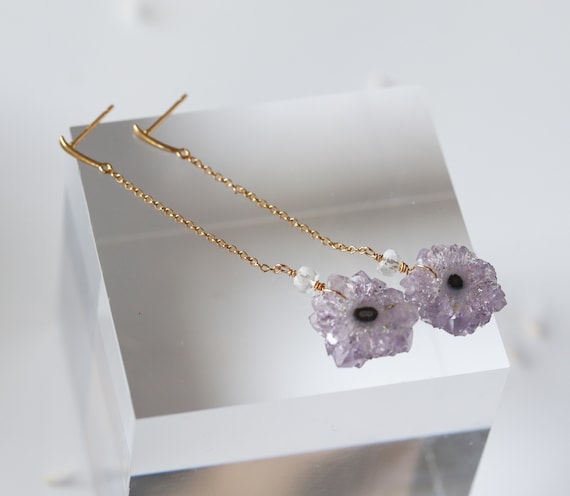 Purple Amethyst Stalactite Earrings in 14K Gold