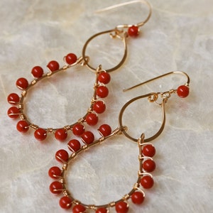 Coral Earrings, Chandelier Earrings, Statement Earrings, 14k Gold Filled Earrings, Handcrafted Hoop Earrings