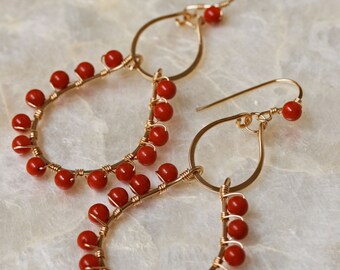 Coral Earrings, Chandelier Earrings, Statement Earrings, 14k Gold Filled Earrings, Handcrafted Hoop Earrings
