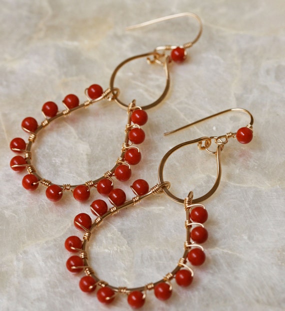 14k Gold Filled Red Coral Chandelier Earrings