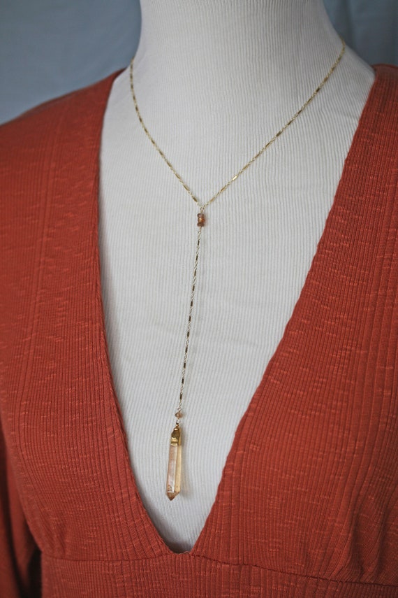 Orange Crystal Y Necklace, Long Gold Crystal Point Necklace, Long Gold Boho Necklace