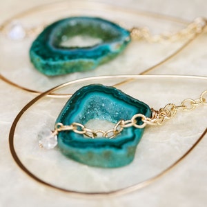 Druzy Earrings, Geode Earrings, Hoop Earrings, Moonstone Earrings, Raw Gemstone Jewelry, Raw Gedoe Jewelry, Green Geode, Dangle Earrings