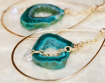 Druzy Earrings, Geode Earrings, Hoop Earrings, Moonstone Earrings, Raw Gemstone Jewelry, Raw Gedoe Jewelry, Green Geode, Dangle Earrings