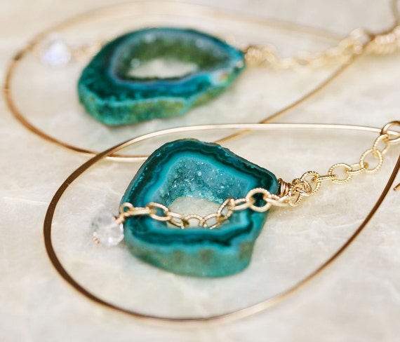 Green Geode Slice Hoop Earrings