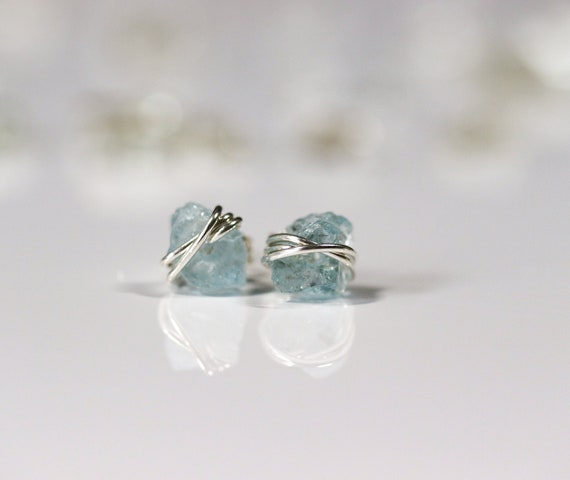 Raw Aquamarine Earrings • Minimal or Triple Wrap • 14k Gold Filled or Sterling Silver • March Birthstone Crystal Jewelry