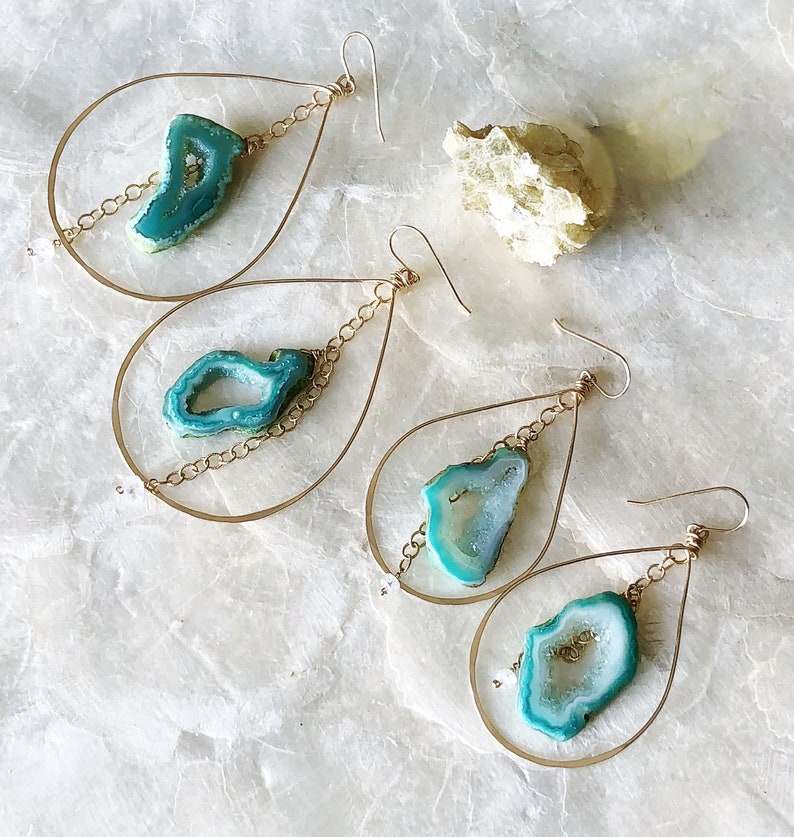 Green Geode Hoop Earrings, Geode Slice Earrings, Druzy Hoop Earrings image 6