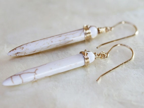 Spike Earrings, Long Ivory Earrings, Neutral Earrings, Wire Wrapped Stone Earrings, Casual Everyday Jewelry, Howlite Earrings