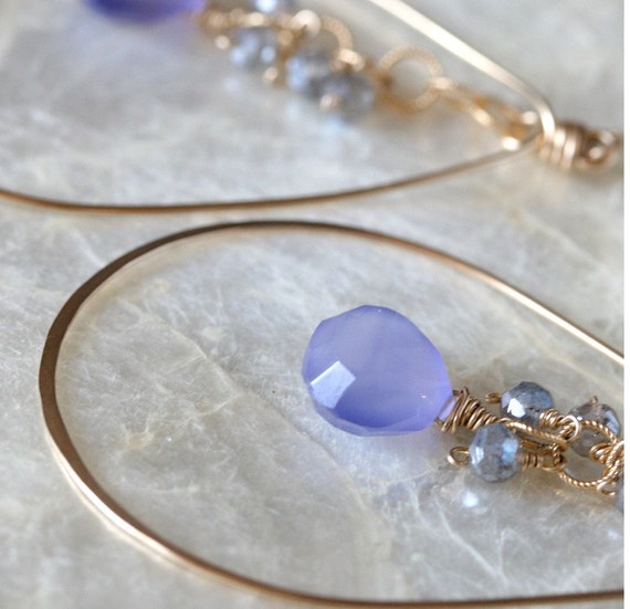 Hammered Gold Hoop Earrings with Chalcedony and Labradorite