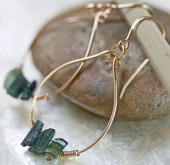 Tourmaline Crystal Stick Gold Hoop Earrings