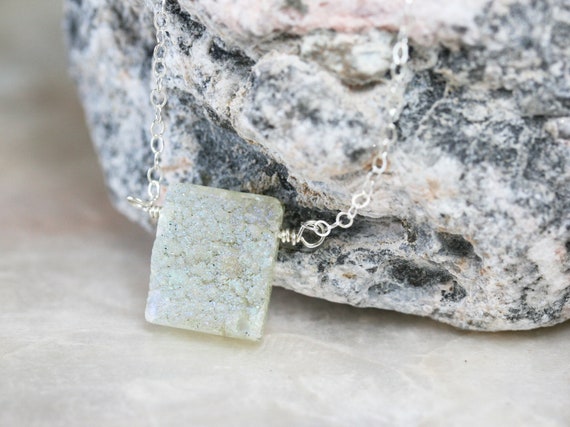 White Druzy Pendant Necklace on Sterling Silver Chain