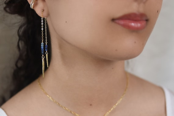 Blue Kyanite Double Chain Front and Back Earrings with Gold Spikes