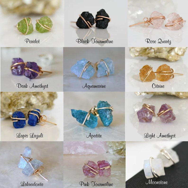 May include: A collection of 12 pairs of earrings featuring different types of natural gemstones, each wrapped in gold wire. The gemstones include peridot, black tourmaline, rose quartz, dark amethyst, aquamarine, citrine, lapis lazuli, apatite, light amethyst, labradorite, pink tourmaline, and moonstone.