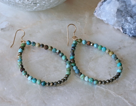 Beaded Turquoise and Pyrite Teardrop Shaped Hoop Earrings, 14k Gold Filled