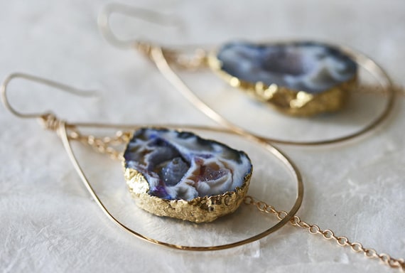 Gold Leafed Druzy Geode Hoop Earrings