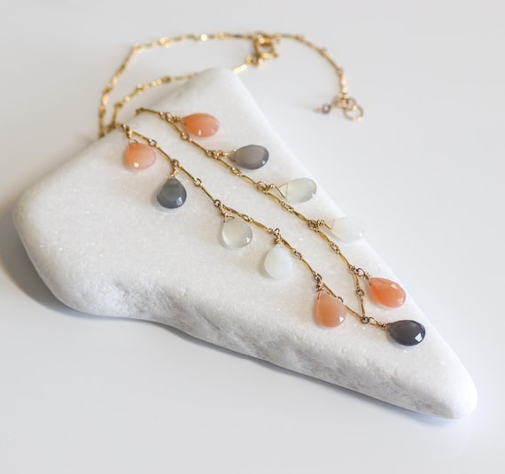 Moonstone Ombre Briolette Necklace in 14k Gold Filled, Adjustable 16 to 18 Inch Length