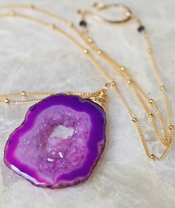 Pink Purple Geode Slice Necklace on Gold Chain