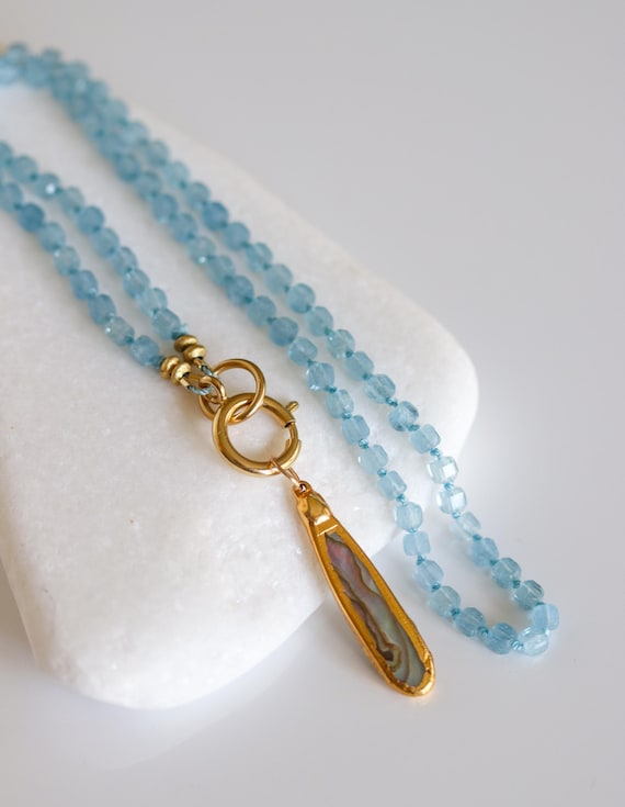 Aquamarine Necklace with Abalone Charm, Hand Knotted Gemstone Jewelry, Gold Charm Holder, March Birthstone, One of a Kind