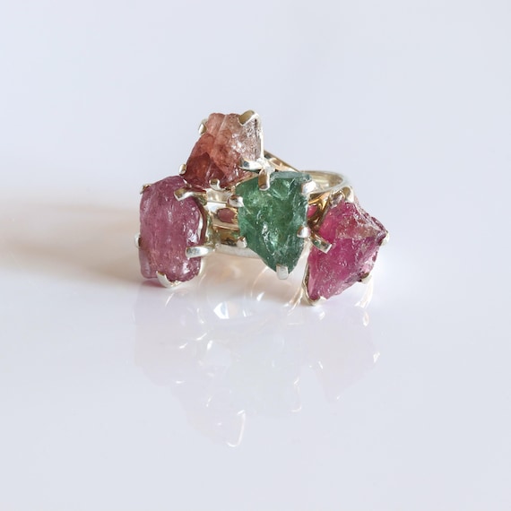 Raw Tourmaline Ring, Sterling Silver, Pink, Green, Crystal Ring, Gift for Her