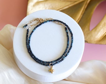 Blue Tourmaline Necklace, Rare Dark Blue Tourmaline Beaded Choker, Removable Spike Charm, 14k Gold Filled Clasp, Layering Necklace