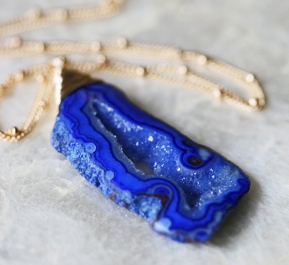 Cobalt Blue Druzy Geode Slice Necklace