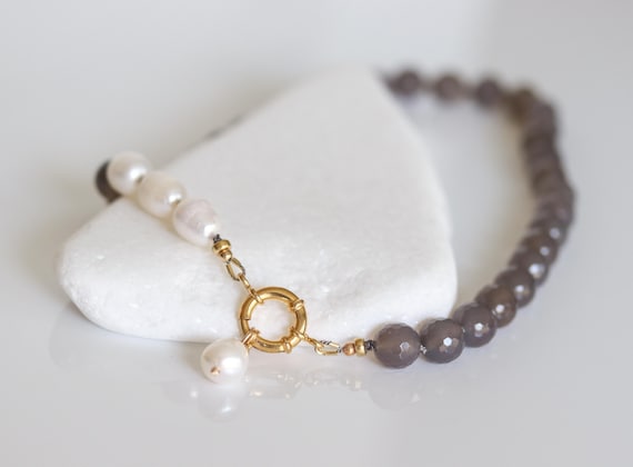 Grey Onyx Baroque Pearl Necklace, Hand Knotted on Silk, 14k Gold Filled Clasp, Charm Holder Necklace, Versatile Layering Jewelry