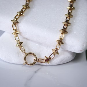 May include: A gold chain necklace with small, pointed spikes. The chain is linked together with a simple, round clasp.