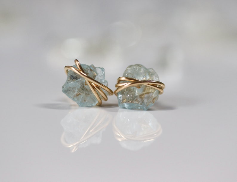 Raw Aquamarine Stud Earrings, Natural Aquamarine Earrings, Raw Blue Crystal Earrings, Blue Stud Earrings, March Birthstone, Birthday Gift image 3