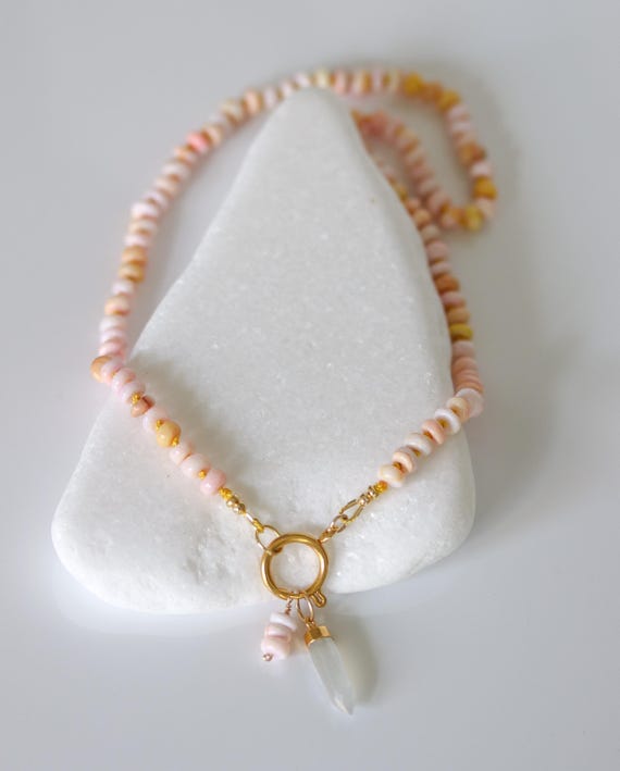 Pink Opal Beaded Necklace, Knotted Gemstone Jewelry, Gold Charm Holder, Front Clasp, Charm Necklace, Summer Layering Necklace, Gift for Her