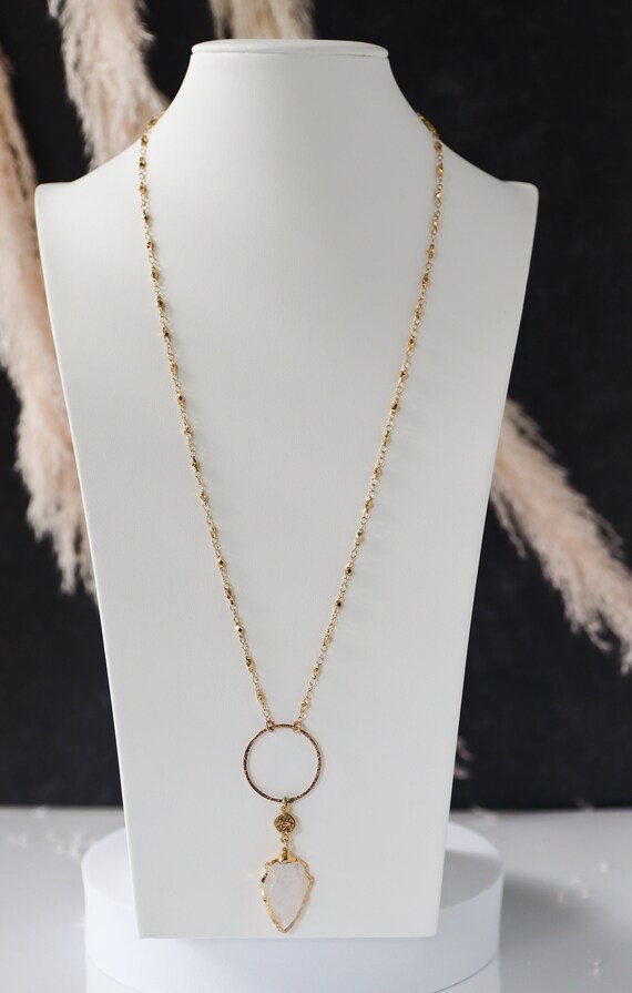 Long Gold Statement Necklace with Arrowhead Pendant
