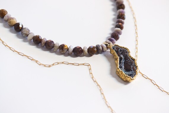 Gemstone Wrap Necklace with Druzy and Tassels