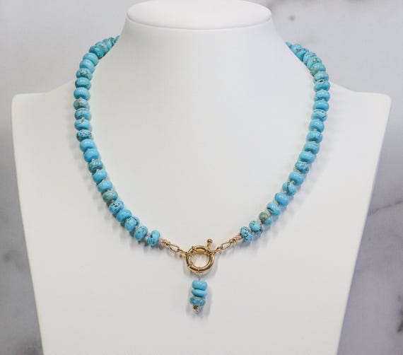 Lone Mountain Turquoise Necklace Gold Clasp – Hand Knotted Charm Holder Beaded Strand
