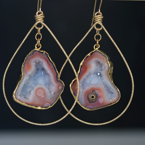 Gold Hoop Earrings with Druzy Centers