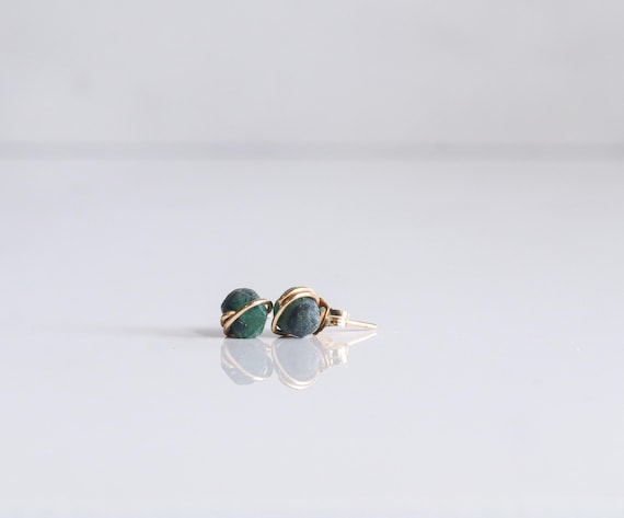 Raw Emerald Studs, Tiny Earrings, 14k Gold Filled (yellow or rose) or Sterling Silver