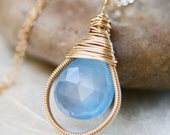 Chalcedony Necklace -  Blue Chalcedony - Blue Stone Necklace - Wire Wrapped Neckalce
