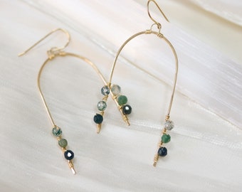 Gold Arch Earrings, Hammered 14k Gold Filled Earrings, Moss Agate Earrings, Rainbow Earrings