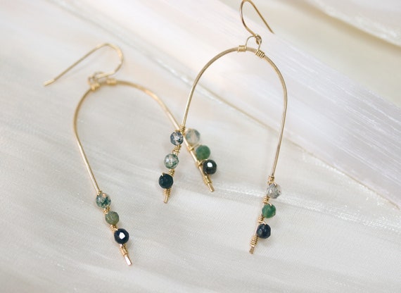 Gold Arch Earrings with Moss Agate Gemstones