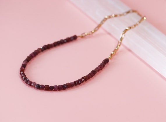 Ruby Gemstone Necklace, Gold Vermeil Box Chain, Ruby Choker, July Birthstone Jewelry, Gift for Her