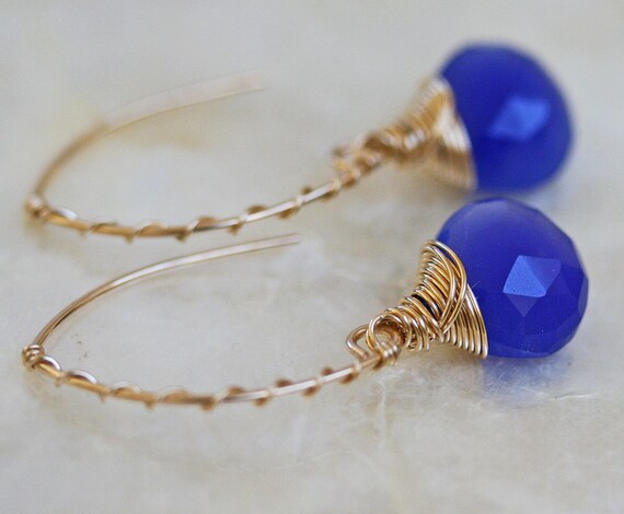 Chalcedony Earrings, Open Hoop Earrings, Cobalt Blue Earrings, Bright Blue Earrings, Blue Stone Earrings, Colorful Jewelry