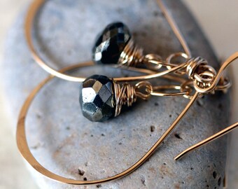 Small Gold Hoop Earrings - Pyrite Earrings - Pyrite Jewery - Hammered Gold Earrings