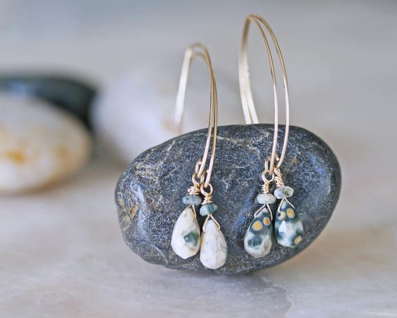 Ocean Jasper Open Hoop Dangle Earrings in Gold Filled