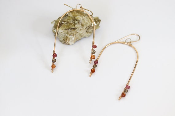 14k Gold Filled Hammered Arch Earrings with Garnet Accents